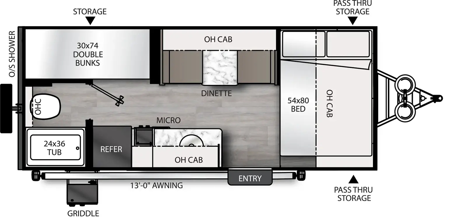 The Remote 18.2R has one entry and zero slide outs. Exterior features include: fiberglass exterior and 13' awning. Interiors features include: bunk beds and front bedroom.